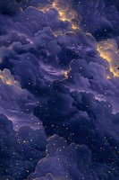 Mystical night sky with glowing purple clouds illuminated by golden light, stars scattered across dark celestial expanse creating dreamy atmospheric scene.