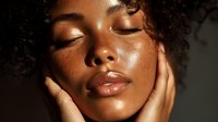 Close-up portrait of African American woman with curly hair, freckles, and glowing skin touching her face with eyes closed in warm golden light.