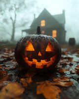 Glowing jack o'lantern with carved face on autumn leaves against foggy haunted house silhouette at dusk creates spooky Halloween atmosphere.
