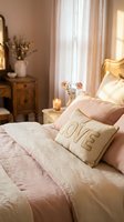 Romantic bedroom with pink bedding, love pillow, glowing candle, gold accents, and vintage furniture in warm soft light.