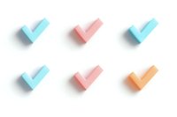 Colorful checkmark symbols in pastel blue, pink and orange arranged in two rows on white background, isolated design elements for digital projects.
