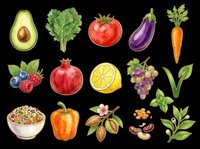 Watercolor fruits, vegetables, and nuts clipart set isolated on transparent background. Great for t-shirt design, stickers, print on demand, and sublimation projects.