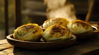 Grilled cabbage halves with caramelized edges served on rustic wooden platter, dramatic lighting highlights golden-brown char marks and tender layers.