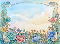 Watercolor floral frame with birds, roses, and blue blooms on a dreamy sky background with a blank banner for custom text.