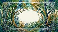 Decorative botanical frame with intertwining branches and leaves creating circular border on light background for nature-themed designs and invitations.