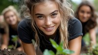 Young Caucasian woman with bright smile and messy blonde hair wearing black t-shirt lying on grass outdoors with friends in background, natural summer lifestyle.