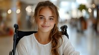 Young Caucasian woman with braided hair and warm smile sitting in wheelchair at medical center hallway, wearing white sweater against blurred hospital background.