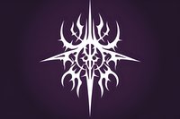 White tribal style ornamental symbol on dark purple background, symmetrical geometric pattern with sharp pointed elements and mystical appearance.