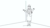 Female doctor in white coat standing in corner with stethoscope and clipboard. Medical professional line art illustration isolated on white background.