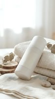 White cosmetic bottle with pump dispenser on soft towels with eucalyptus leaves and spa stones in natural light for skincare and wellness branding.