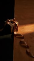 Elegant dark gift box with bronze satin ribbon on textured wall, special offer text, moody luxury holiday sale promotion concept.