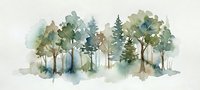 Watercolor forest landscape with mixed trees in soft green and blue tones on white background, nature art for home decor and botanical design projects.