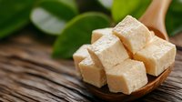 Fresh organic tofu cubes on wooden spoon with green leaves background for healthy vegetarian cooking and plant-based protein meals.