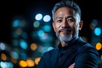 Confident mature Asian businessman with gray beard against blurred city lights at night, wearing dark blazer with arms crossed, professional portrait.