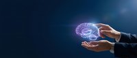 Businessman hands protecting glowing digital brain hologram on dark blue background representing artificial intelligence and mental health care concepts.