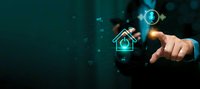 Smart home automation control with businessman touching digital interface icons for connected house technology and IoT management systems.