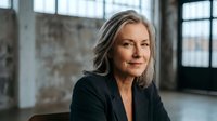 Mature woman with long gray hair wearing black blazer, sitting in modern loft space with industrial windows and brick walls, professional portrait for business and corporate use.