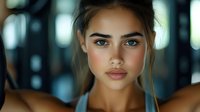 Young woman with natural makeup and glowing skin against blurred dark background, messy updo hairstyle, close up portrait with intense gaze and soft lighting.