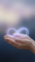 Glowing infinity symbol floating above open cupped hands against soft blurred background representing endless possibilities and eternal concepts.