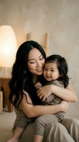 Young East Asian mother holding her toddler daughter in warm indoor lighting, both smiling joyfully. Perfect for parenting, family bonding, childcare and motherhood concepts.