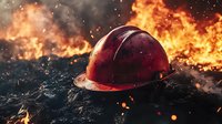 Firefighter helmet on ground with dramatic flames and sparks in background, symbolizing emergency service sacrifice and heroism in dangerous conditions.