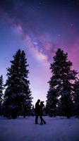 Silhouetted couple embracing in snowy forest under starry night sky with vibrant milky way galaxy and purple aurora borealis. Winter romance and celestial landscape for travel and nature themes.