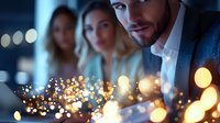 Young businessman smiling at glowing bokeh lights with female colleagues in background, modern office evening atmosphere with creative lighting effects.