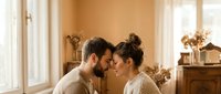 Young couple sharing intimate moment touching foreheads in warm sunlit bedroom with vintage decor and soft natural lighting for romantic lifestyle content.