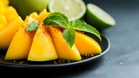 Fresh yellow mango slices garnished with mint leaves and black pepper on dark plate, lime wedges in background, macro food photography.