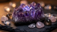 Purple amethyst crystal cluster with healing gemstones on dark slate surface surrounded by candlelight creating mystical spiritual atmosphere for meditation.