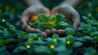 Hands gently cupping a glowing green seedling surrounded by bokeh lights, symbolizing growth, sustainability, and environmental care.