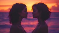 Silhouette of romantic couple at sunset beach, dramatic orange sky and ocean backdrop creates intimate mood in purple and pink tones. Tender moment captured.