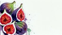 Fresh figs watercolor illustration with purple and green tones on white background, organic fruit painting with artistic splashes for culinary designs.