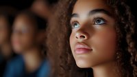 Young African American woman with natural curly hair gazing upward with confident expression, illuminated by soft lighting against dark background.