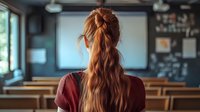 Young woman with long red hair sitting alone in empty classroom facing chalkboard and presentation screen, back view, education and learning concept.