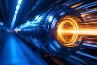 Futuristic energy beam emitting from high-tech circular generator with glowing orange core against blue technological background, motion blur effect creates dynamic feel.