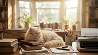 Fluffy ginger cat resting on stacked books at wooden desk near sunny window with typewriter and office supplies in cozy home workspace.