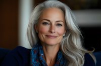 Confident mature Caucasian woman with silver gray hair and natural makeup wearing blue outfit smiles warmly at camera. Professional portrait showing grace and vitality.
