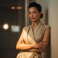 Professional Asian businesswoman with crossed arms in beige dress standing confidently in modern office interior with warm lighting for corporate content.