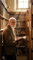 Senior man with white beard and glasses reading book in library aisle with warm sunlight from window, suitable for education, learning, and knowledge concepts.