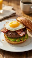 Gourmet breakfast burger with fried egg, crispy bacon, beef patty and lettuce on sesame bun served with coffee for hearty morning meal or brunch menu.