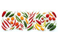 Young woman with medium skin tone, wearing casual summer clothing, smiling while holding fresh red chili peppers and green jalapeños in her hands against white background for cooking and recipe content.
