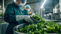 Food industry worker in protective equipment sorting fresh green leafy vegetables on production line in modern processing facility. Quality control in food plant.
