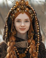 Young woman with red braided hair wearing ornate golden crown and black lace dress, adorned with pearls and jewels in medieval fantasy style against blurred nature background.