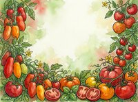 Watercolor illustration of fresh tomatoes in various stages of ripeness with green foliage and leaves arranged as a decorative border frame on white background, suitable for recipe cards and culinary designs.