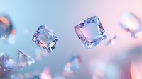 Floating crystal cubes with pink and blue gradient reflections against blurred background, creating ethereal luxury atmosphere for jewelry and cosmetic designs.