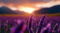 Purple lavender field at golden sunset with mountains in background creating romantic countryside landscape for relaxation and aromatherapy concepts.