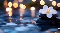 White jasmine flower on black spa stones over rippled water surface with soft golden bokeh lights creating peaceful zen atmosphere for wellness and meditation.