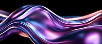 Abstract flowing liquid metal waves in purple, blue and coral colors against black background create modern dynamic composition with glossy metallic surface.
