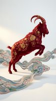 Red ornate goat with golden floral patterns leaping over decorative clouds in traditional Asian art style for lunar new year celebrations.